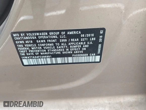 2015 Volkswagen Passat Limited Edition Edition with VIN 1VWAT7A34FC095891, listed as a IAAI auction lot 42405100 with 170,714 mi miles and . Bid and sale history available at DreamBid. Image 9.