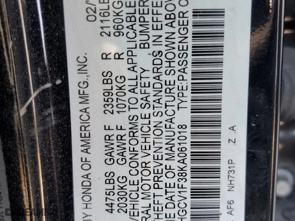 2019 Honda Accord Sedan Sport 1.5T with VIN 1HGCV1F38KA061018, listed as a Copart auction lot 78585934 with 155,988 mi miles and Salvage Title. Bid and sale history available at carsss.com. Image 13.