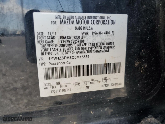 2012 Mazda Mazda6 i Touring with VIN 1YVHZ8DH8C5M18556, listed as a Copart auction lot 45949845 with 0 mi miles and Salvage Title. Bid and sale history available at carsss.com. Image 13.