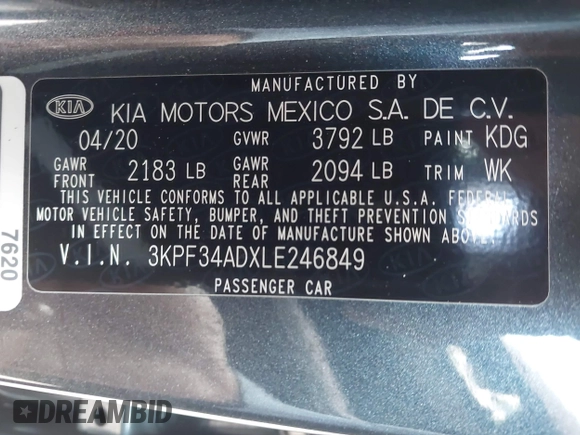 2020 Kia Forte GT-Line with VIN 3KPF34ADXLE246849, listed as a IAAI auction lot 42065956 with 37,507 mi miles. Bid and sale history available at carsss.com. Image 9.