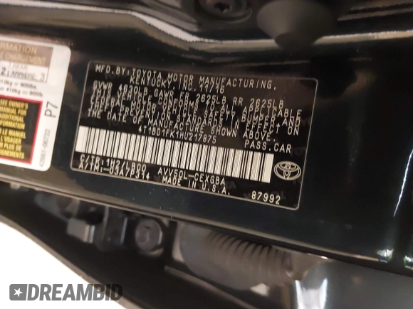 2017 Toyota Camry Hybrid LE with VIN 4T1BD1FK1HU217875, listed as a IAAI auction lot 41608274 with 44,268 mi miles. Bid and sale history available at carsss.com. Image 9.