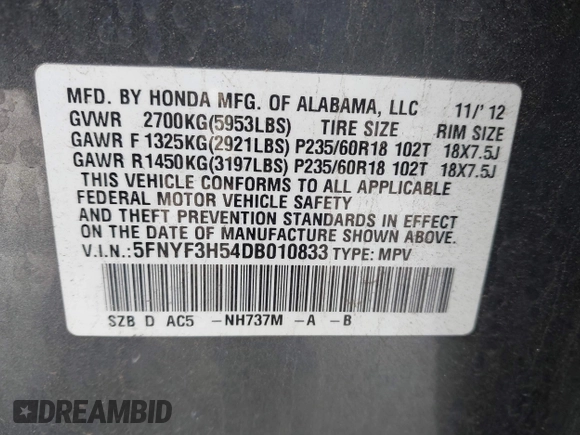 2013 Honda Pilot EX-L with VIN 5FNYF3H54DB010833, listed as a IAAI auction lot 41663424 with 108,264 mi miles and . Bid and sale history available at DreamBid. Image 9.