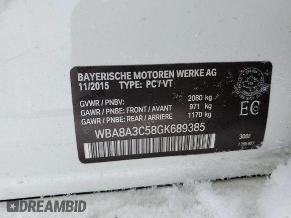 2016 BMW 3 Series 320i xDrive with VIN WBA8A3C58GK689385, listed as a Copart auction lot 44992225 with Not Provided miles and Salvage Title. Bid and sale history available at DreamBid. Image 12.