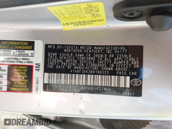 2011 Toyota Camry LE with VIN 4T4BF3EK3BR196323, listed as a IAAI auction lot 42241743 with 222,044 mi miles and . Bid and sale history available at DreamBid. Image 9.