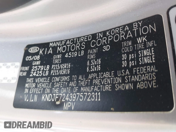 2009 Kia Sportage LX with VIN KNDJF724397572311, listed as a IAAI auction lot 41902158 with 120,899 mi miles and . Bid and sale history available at carsss.com. Image 9.