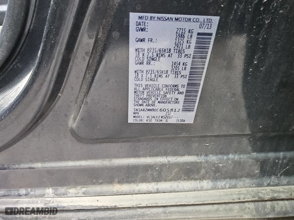 2014 Nissan Pathfinder Platinum with VIN 5N1AR2MN9EC605812, listed as a Copart auction lot 48232095 with 160,774 mi miles and Clean Title. Bid and sale history available at carsss.com. Image 13.