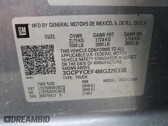 2021 Chevrolet Silverado 1500 Custom Trail Boss with VIN 3GCPYCEF4MG226338, listed as a Copart auction lot 49102115 with 76,117 mi miles and Salvage Title. Bid and sale history available at DreamBid. Image 12.