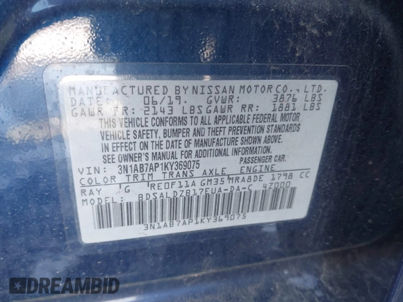 2019 Nissan Sentra S with VIN 3N1AB7AP1KY369075, listed as a IAAI auction lot 41355826 with 36,793 mi miles and . Bid and sale history available at DreamBid. Image 9.