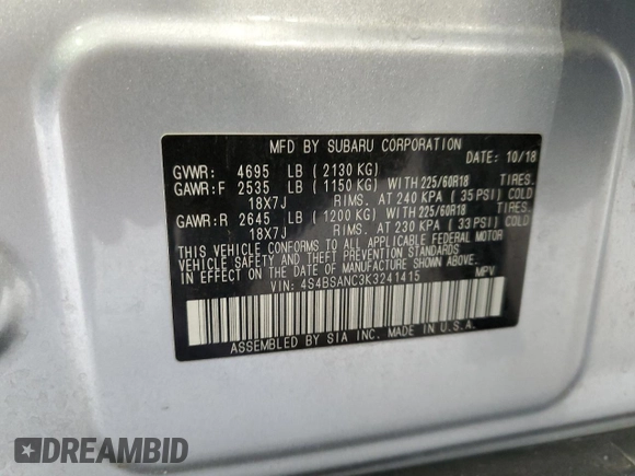2019 Subaru Outback Limited with VIN 4S4BSANC3K3241415, listed as a Copart auction lot 52378875 with 66,121 mi miles and Salvage Title. Bid and sale history available at DreamBid. Image 15.