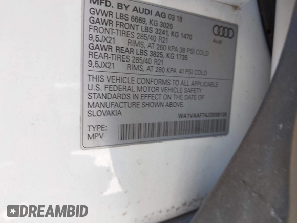 2018 Audi Q7 Prestige with VIN WA1VAAF74JD036128, listed as a IAAI auction lot 42038586 with 96,167 mi miles and . Bid and sale history available at DreamBid. Image 9.