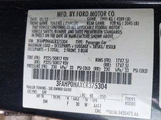2012 Ford Fusion SE with VIN 3FAHP0HAXCR375304, listed as a IAAI auction lot 41923537 with 253,118 mi miles. Bid and sale history available at carsss.com. Image 9.