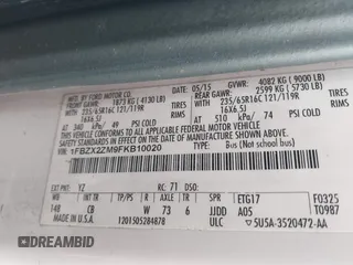 2015 Ford Transit XL with VIN 1FBZX2ZM9FKB10020, listed as a IAAI auction lot 41331523 with 212,216 mi miles and . Bid and sale history available at DreamBid. Image 9.