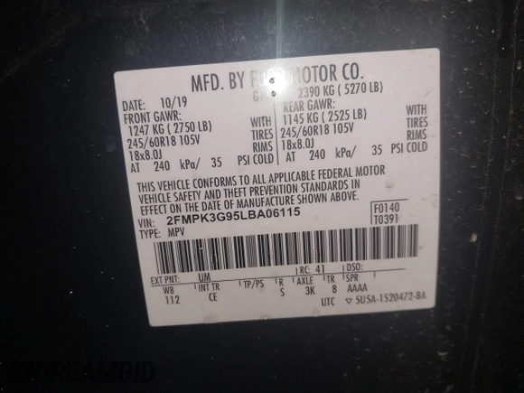 2020 Ford Edge SE z VIN 2FMPK3G95LBA06115, wystawiony jako IAAI lot #40884705 z przebiegiem 54 712 mil mil oraz . Historia ofert i sprzedaży dostępna na DreamBid. Obrazek 9.