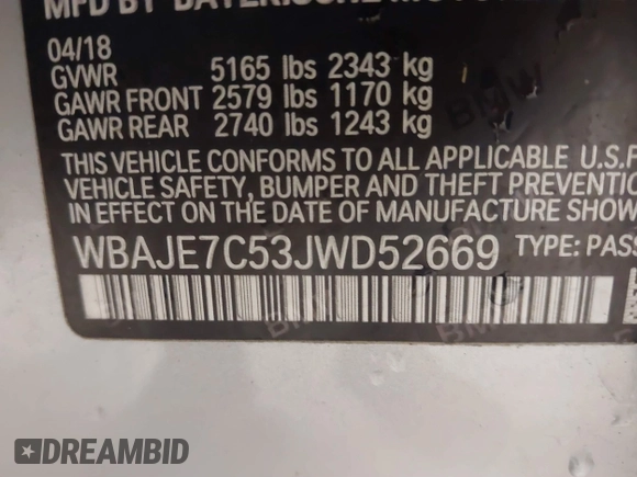 2018 BMW 5 Series 540i xDrive with VIN WBAJE7C53JWD52669, listed as a IAAI auction lot 41634800 with 89,829 mi miles and . Bid and sale history available at DreamBid. Image 9.