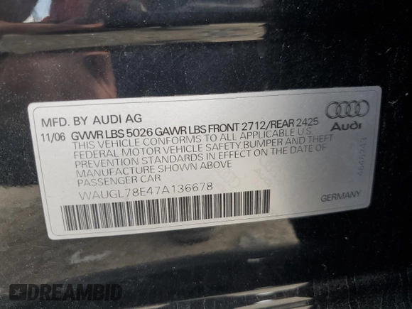 2007 Audi S4 z VIN WAUGL78E47A136678, wystawiony jako Copart lot #68352724 z przebiegiem 106 989 mil mil oraz Nie do naprawy • Non repairable. Historia ofert i sprzedaży dostępna na DreamBid. Obrazek 12.