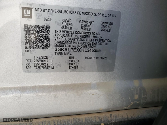 2019 GMC Terrain SLT with VIN 3GKALPEX0KL345355, listed as a Copart auction lot 49847285 with 0 mi miles and Salvage Title. Bid and sale history available at carsss.com. Image 12.