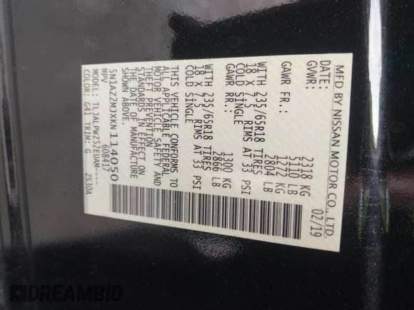 2019 Nissan Murano S with VIN 5N1AZ2MJXKN114050, listed as a IAAI auction lot 41960951 with 86,897 mi miles and . Bid and sale history available at DreamBid. Image 9.