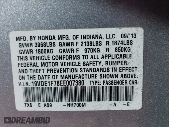 2014 Acura ILX Technology with VIN 19VDE1F78EE007380, listed as a IAAI auction lot 41654860 with 161,059 mi miles and . Bid and sale history available at DreamBid. Image 9.
