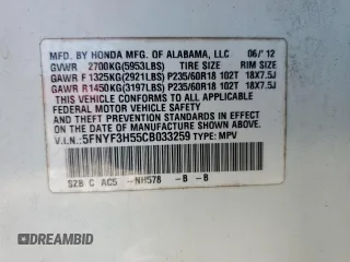 2012 Honda Pilot EX-L with VIN 5FNYF3H55CB033259, listed as a Copart auction lot 45367335 with 207,841 mi miles and Salvage Title. Bid and sale history available at DreamBid. Image 13.
