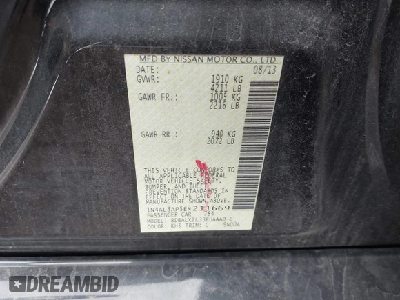 2014 Nissan Altima SL with VIN 1N4AL3AP5EN211669, listed as a IAAI auction lot 41698563 with 116,612 mi miles and . Bid and sale history available at DreamBid. Image 9.
