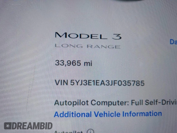 2018 Tesla Model 3 Long Range Battery with VIN 5YJ3E1EA3JF035785, listed as a IAAI auction lot 41986774 with 33,965 mi miles and . Bid and sale history available at DreamBid. Image 15.