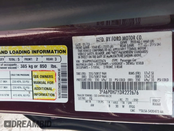 2013 Ford Fusion SE with VIN 3FA6P0H7XDR222676, listed as a IAAI auction lot 42412028 with 139,573 mi miles and . Bid and sale history available at DreamBid. Image 9.