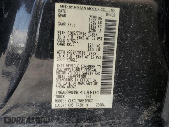 2009 Nissan Frontier LE with VIN 1N6AD09U39C418804, listed as a Copart auction lot 62837504 with Not provided miles and Salvage title. Bid and sale history available at DreamBid. Image 12.