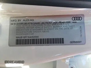 2019 Audi S3 Premium Plus with VIN WAUB1GFF1KA092594, listed as a Copart auction lot 36211643 with 19,212 mi miles. Bid and sale history available at carsss.com. Image 12.