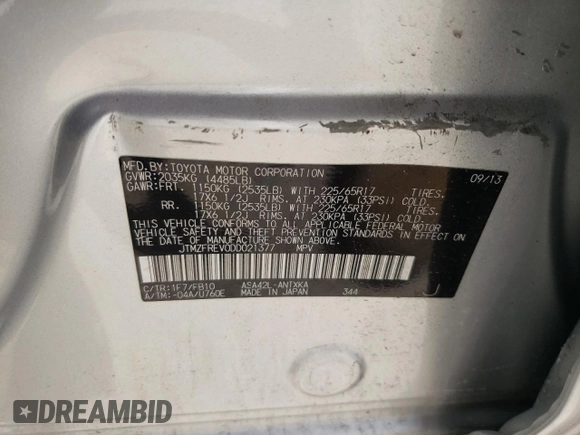 2013 Toyota RAV4 LE with VIN JTMZFREV0DD021377, listed as a Copart auction lot 48561805 with 113,352 mi miles and Salvage Title. Bid and sale history available at DreamBid. Image 15.