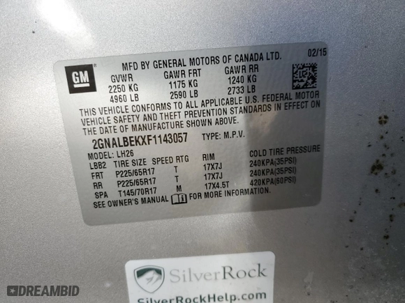 2015 Chevrolet Equinox LT with VIN 2GNALBEKXF1143057, listed as a Copart auction lot 46905075 with 112,614 mi miles and Salvage Title. Bid and sale history available at carsss.com. Image 15.