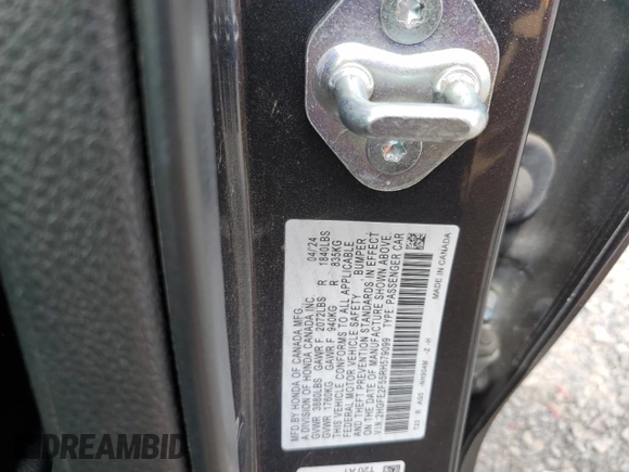2024 Honda Civic Sport with VIN 2HGFE2F55RH579099, listed as a Copart auction lot 55935325 with 12,093 mi miles and Salvage title. Bid and sale history available at DreamBid. Image 13.