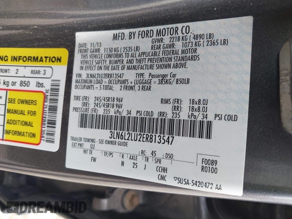 2014 Lincoln MKZ Hybrid with VIN 3LN6L2LU2ER813547, listed as a IAAI auction lot 42076647 with 168,132 mi miles and . Bid and sale history available at DreamBid. Image 9.