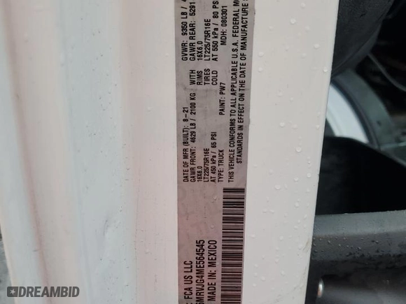 2021 Ram ProMaster Cargo Van with VIN 3C6MRVJG4ME564545, listed as a Copart auction lot 43665185 with 38,902 mi miles and Salvage Title. Bid and sale history available at carsss.com. Image 13.