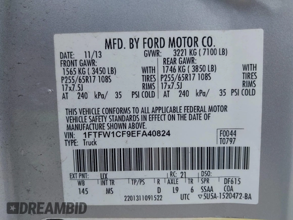 2014 Ford F-150 XL with VIN 1FTFW1CF9EFA40824, listed as a IAAI auction lot 41843053 with 124,613 mi miles. Bid and sale history available at carsss.com. Image 9.