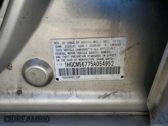2005 Honda Accord EX with VIN 1HGCM56775A054952, listed as a Copart auction lot 54513305 with 232,597 mi miles and Salvage Title. Bid and sale history available at DreamBid. Image 14.