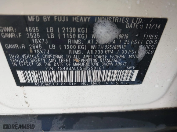 2015 Subaru Outback 2.5i Limited with VIN 4S4BSALC5F3258161, listed as a IAAI auction lot 41752985 with 127,644 mi miles. Bid and sale history available at carsss.com. Image 9.