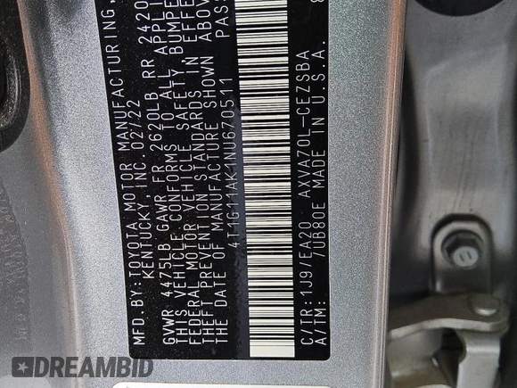 2022 Toyota Camry SE with VIN 4T1G11AK1NU670511, listed as a Copart auction lot 52487225 with 57,583 mi miles and Clean Title. Bid and sale history available at DreamBid. Image 12.