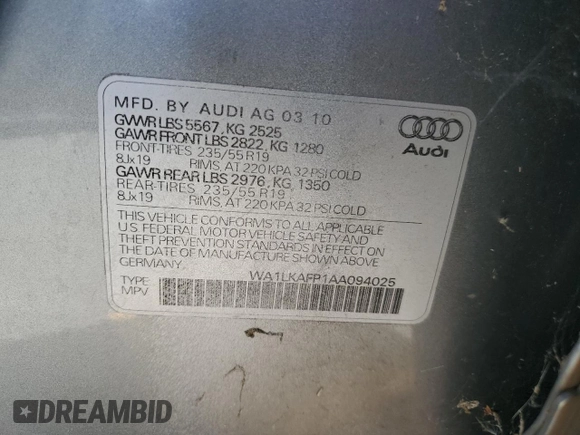 2010 Audi Q5 Premium Plus с VIN WA1LKAFP1AA094025, выставлен на аукционе Copart как лот 62748105 с пробегом 194 715 миль миль и Списание • Salvage title. История ставок и продаж доступна на DreamBid. Изображение 13.