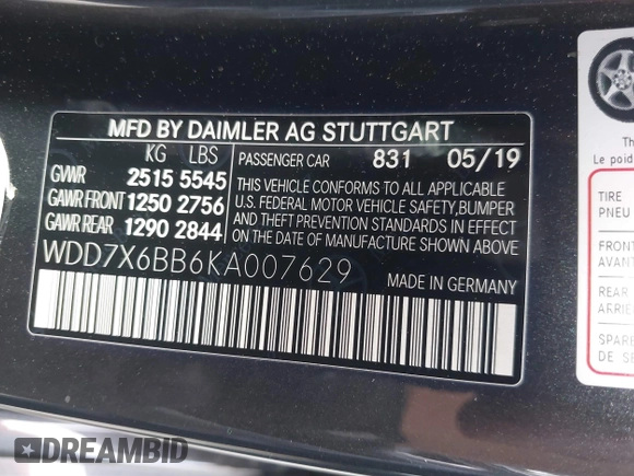2019 Mercedes-Benz AMG GT with VIN WDD7X6BB6KA007629, listed as a IAAI auction lot 41782028 with 69,815 mi miles. Bid and sale history available at carsss.com. Image 9.