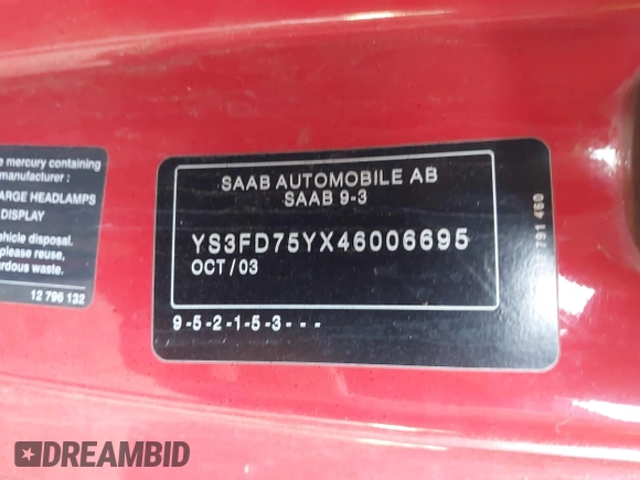 2004 Saab 9-3 Arc z VIN YS3FD75YX46006695, wystawiony jako IAAI lot #41994281 z przebiegiem 201 638 mil mil oraz . Historia ofert i sprzedaży dostępna na DreamBid. Obrazek 9.