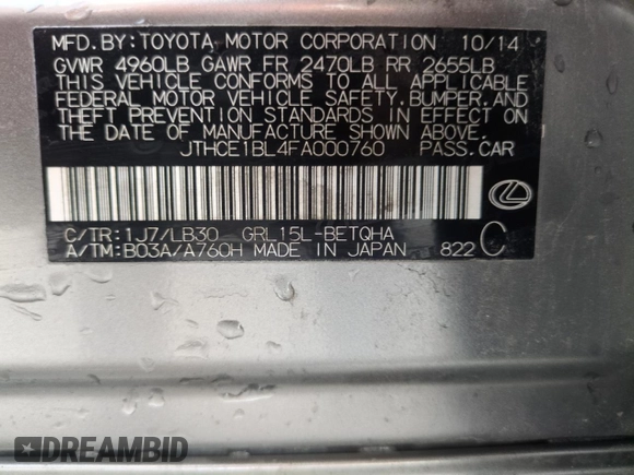 2015 Lexus GS 350 with VIN JTHCE1BL4FA000760, listed as a Copart auction lot 60535055 with 89,070 mi miles and Salvage title. Bid and sale history available at DreamBid. Image 13.