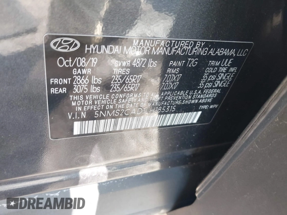 2020 Hyundai Santa Fe SE с VIN 5NMS2CAD1LH185315, выставлен на аукционе IAAI как лот 41990445 с пробегом 159 105 миль миль и . История ставок и продаж доступна на DreamBid. Изображение 9.