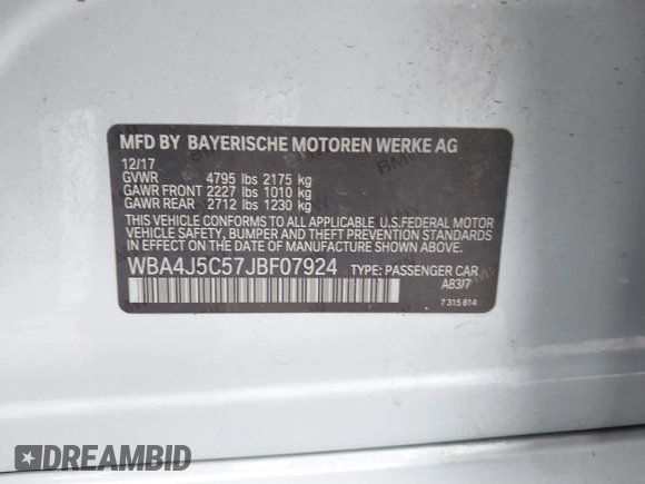 2018 BMW 4 Series 440i with VIN WBA4J5C57JBF07924, listed as a IAAI auction lot 41595682 with 75,121 mi miles and . Bid and sale history available at DreamBid. Image 9.
