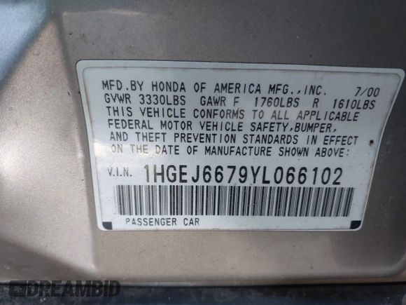2000 Honda Civic LX with VIN 1HGEJ6679YL066102, listed as a IAAI auction lot 41585270 with 164,714 mi miles. Bid and sale history available at carsss.com. Image 9.