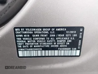2014 Volkswagen Passat Wolfsburg Edition with VIN 1VWAT7A33EC060225, listed as a IAAI auction lot 41818949 with 163,545 mi miles and . Bid and sale history available at DreamBid. Image 9.