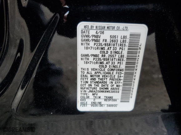 2006 Nissan Murano SE with VIN JN8AZ08WX6W539559, listed as a Copart auction lot 71113684 with 112,775 mi miles and Salvage Title. Bid and sale history available at carsss.com. Image 13.
