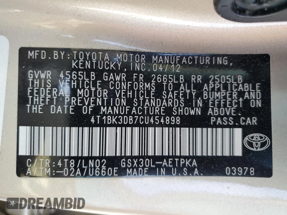 2012 Toyota Avalon with VIN 4T1BK3DB7CU454898, listed as a Copart auction lot 54720985 with Not Provided miles and Salvage Title. Bid and sale history available at DreamBid. Image 13.