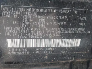 2021 Toyota RAV4 Hybrid XLE with VIN 4T3RWRFVXMU044442, listed as a IAAI auction lot 42256468 with Not provided miles and . Bid and sale history available at DreamBid. Image 9.