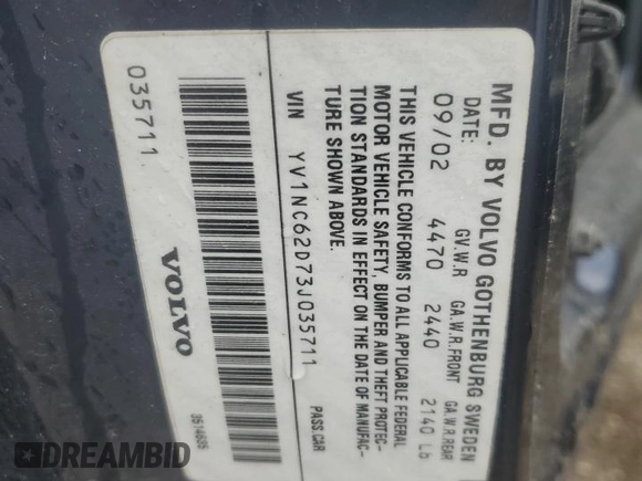 2003 Volvo C70 with VIN YV1NC62D73J035711, listed as a Copart auction lot 73326184 with 101,767 mi miles and Salvage Title. Bid and sale history available at carsss.com. Image 12.