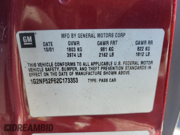 2002 Pontiac Grand Am SE1 z VIN 1G2NF52F62C173353, wystawiony jako Copart lot #84752684 z przebiegiem 206 581 mil mil oraz Szkoda całkowita • Salvage title. Historia ofert i sprzedaży dostępna na DreamBid. Obrazek 12.